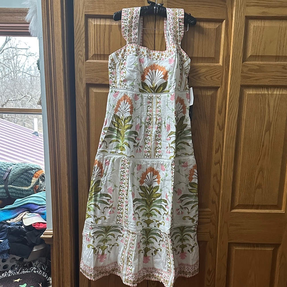CeCe Botanical Print Midi Dress - White and Green